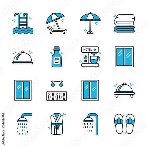 Collection of hotel amenities and services icons in a clean, modern style