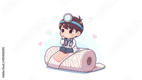 Adorable Chibi Doctor Mascot Sitting on Giant Medical Bandage Roll. Cute Healthcare and Pediatric Concept Illustration.
