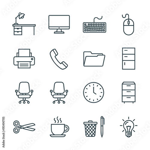 Collection of modern office icons representing essential business and work elements