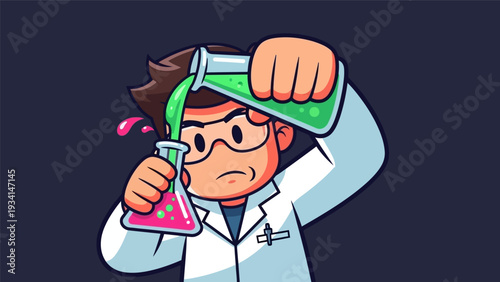Vector Cartoon Scientist Mixing Bright Green and Pink Chemicals in Flasks. Fun Lab Experiment Illustration for Chemistry and Science Education.