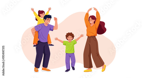 Happy Family Playing Together Illustration. Joyful Parents and Children Having Fun. Father Piggybacking Daughter, Mother and Son Bonding.