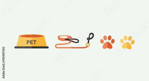 Pet care and accessories dog bowl leash and paw prints on a white background