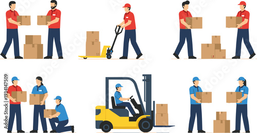 Warehouse workers and delivery staff vector set with forklift loading boxes logistics concept