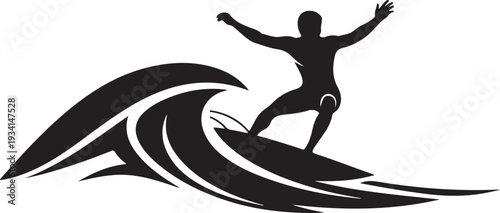 A surfer riding a wave with arms outstretched in a simple graphic illustration