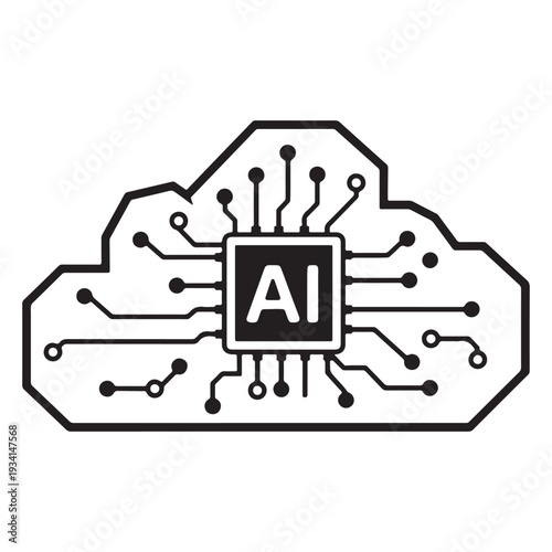 AI cloud processor chip network, artificial intelligence computing technology concept, black and white circuit line illustration Art & Illustration