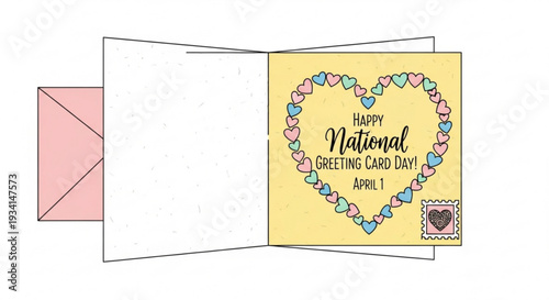 Open greeting card with heart design and happy national greeting card day text on yellow background