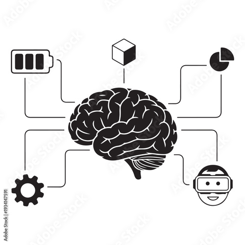 Artificial intelligence brain concept illustration, machine learning technology network, data analysis automation, black and white minimal design Art & Illustration