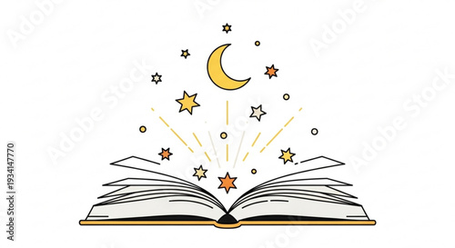 Open book with magic stars and moon shining brightly in night sky