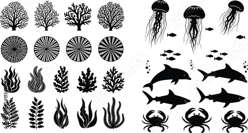 Marine Life Silhouette Vector Set featuring Coral Reef Plants Jellyfish Dolphins Sharks and Crabs for Ocean Biology and Underwater Nature Design
