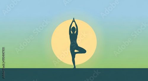 Woman practices yoga in serene nature setting with sun gradient background