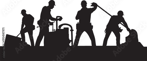 Black silhouettes of workers with construction tools on white