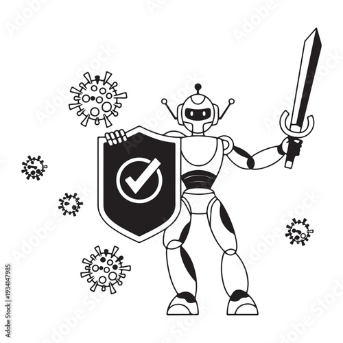 Futuristic robot guardian protecting against virus attack, artificial intelligence cybersecurity shield, digital defense technology illustration concept design Art & Illustration