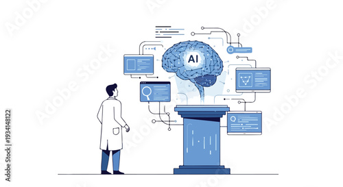 Flat 2D illustration of a scientist standing beside a pedestal with a brain labeled AI and various screens and diagrams surrounding it, representing global news and headlines in a minimalist style.