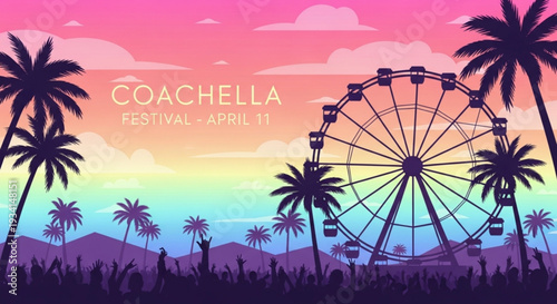 Vibrant coachella festival scene with ferris wheel palm trees and sunset background