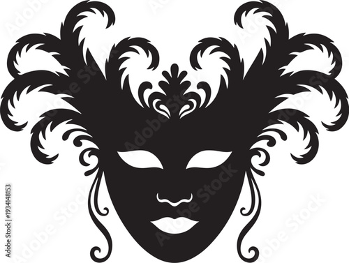 Black venetian carnival mask with feathers and curly details