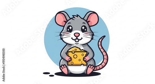 Cute cartoon mouse holding a piece of cheese in front of a blue circle background