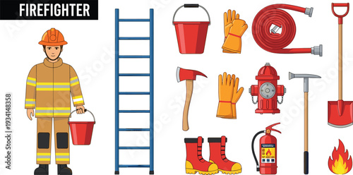 Firefighter Equipment Collection with Fireman Character, Ladder, Hose, Hydrant, Extinguisher, Axe, Boots, and Safety Tools Vector Illustration Set