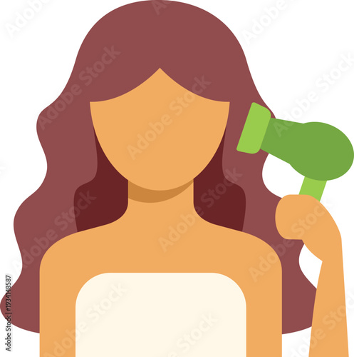 Woman in a towel drying her long hair with a green hairdryer