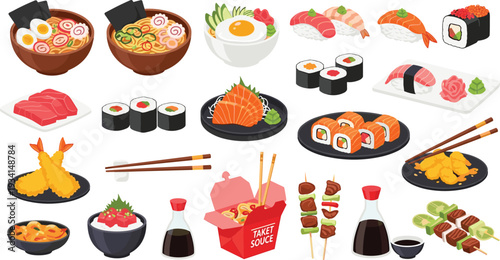 Japanese Cuisine Vector Set Featuring Sushi Rolls Sashimi Ramen Tempura Shrimp Yakitori Skewers Takeout Box Soy Sauce Wasabi Chopsticks and Traditional Asian Food Illustrations Collection