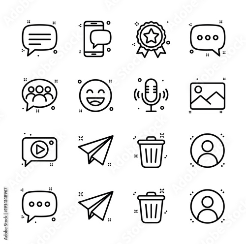 Collection of communication and social media icons in a clean, modern outline style