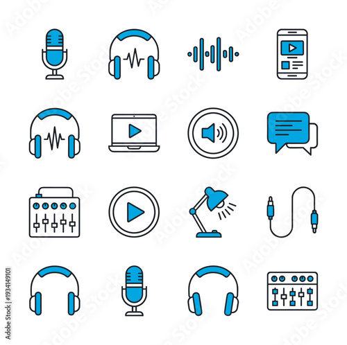 Collection of audio and media production icons with blue and black accents