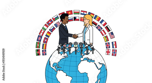 Flat 2D illustration of a global partnership with two people shaking hands on top of a world map surrounded by international flags.