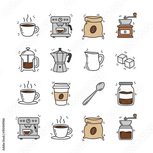 Collection of hand-drawn coffee making equipment and beverages in a grid layout