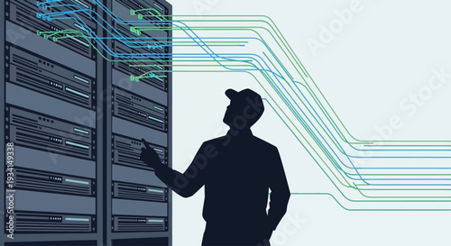 A silhouette of a man interacting with a large server in a data center
