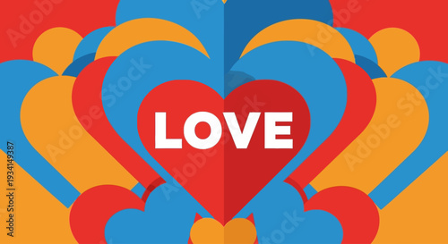 A colorful graphic illustration of multiple hearts with the word love in the center
