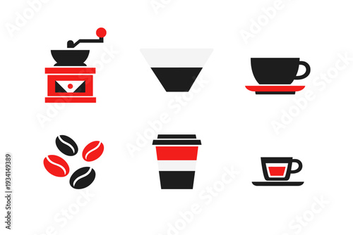 Minimalist flat design icons of coffee making equipment and drinks including a grinder, beans, filter, and cups, presented in a striking red and black color palette.
