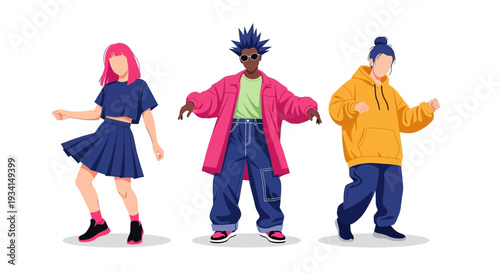Dynamic Diverse Youth Group in Trendy Streetwear. Modern Urban Fashion and Youth Culture Vector Illustration.