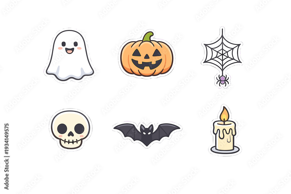 Fototapeta premium A collection of six cute Halloween stickers featuring a smiling ghost, a carved pumpkin, a spider web, a skull, a bat, and a lit candle, all set against a solid black background.