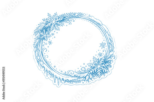 This light blue sketch of a circular winter frame includes detailed snowflakes, pine needles, and icicles. The hand-drawn illustration is set against a clean white background.