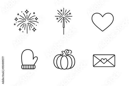 A collection of six minimalist line art icons featuring a firework, a sparkler, a heart, a winter mitten, a pumpkin, and a love letter envelope on a solid black background.