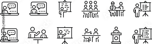 Education and presentation icons set laptop people and whiteboard Keywords: education, presentation, icons, set, laptop