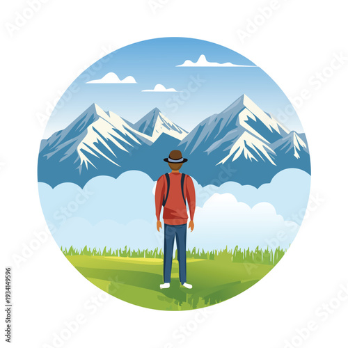 Hiker observes mountain range in vibrant outdoor illustration