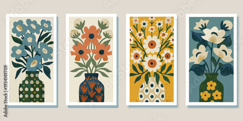 Four botanical illustrations of colorful floral bouquets in vases