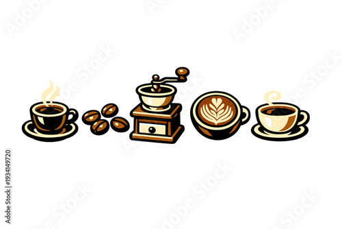 A row of coffee-themed illustrations including steaming cups, coffee beans, a manual grinder, and latte art, all set against a solid black background in a stylized vector format.