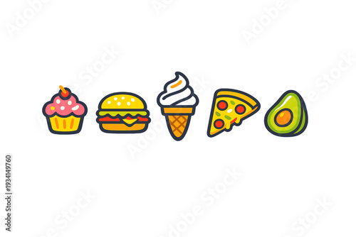 A collection of five colorful food icons including a cupcake, hamburger, ice cream cone, pizza slice, and avocado half, arranged in a row against a solid black background.