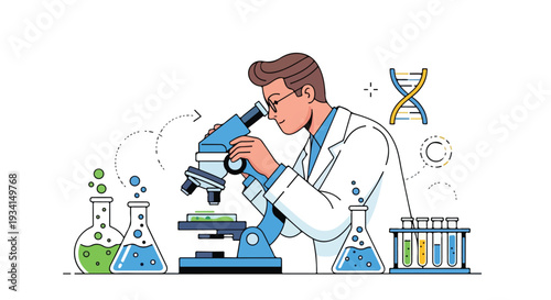 Flat 2D illustration of a scientist examining a sample through a microscope surrounded by laboratory equipment and DNA double helix models against a clean white background.