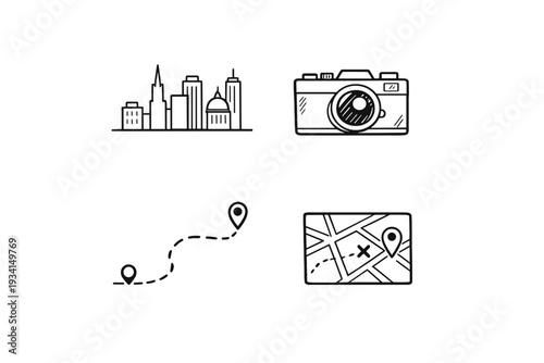 This set of four white hand-drawn travel icons includes a city skyline, a camera, a route with location pins, and a map with a marked path on a black background.