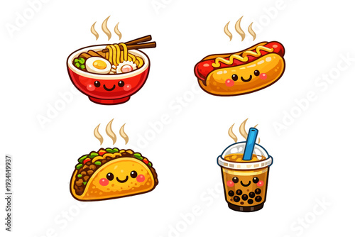 A collection of four cute kawaii food illustrations including a ramen bowl, a hot dog, a taco, and a bubble tea cup, all featuring smiling faces and steam on a black background.