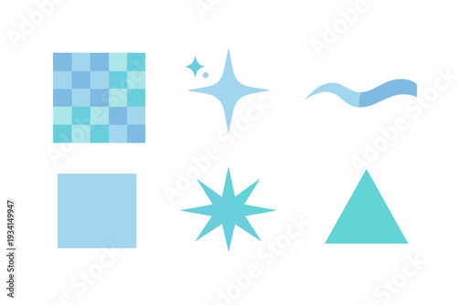 This set features various light blue and turquoise geometric icons such as stars, a triangle, squares, and a wavy line, all displayed against a plain black backdrop.