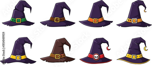 Witch Hat Collection with Halloween Magic Wizard Caps in Various Colors and Buckle Designs Isolated Cartoon Flat Vector Illustration Set