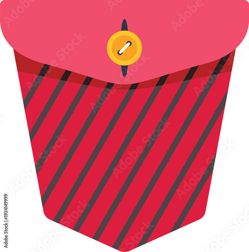 Red garment pocket featuring gray diagonal stripes and a yellow button for decoration