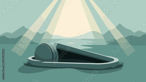 Sliced green pie chart on a white plate with sunny mountain background and rays of light