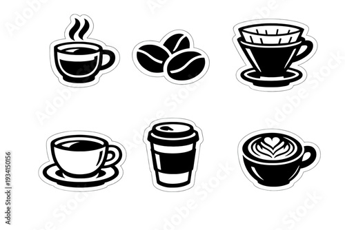 A collection of six minimalist coffee-themed icons featuring a steaming mug, coffee beans, a pour-over dripper, a cup on a saucer, a takeaway cup, and latte art on a black background.