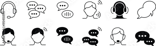 Communication and customer service icons set headphones chat bubbles and sound waves Keywords: communication, customer service