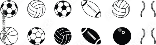 Collection of Sports Balls and Laurel Wreaths Icons in Black and White Outline and Silhouette soccer ball