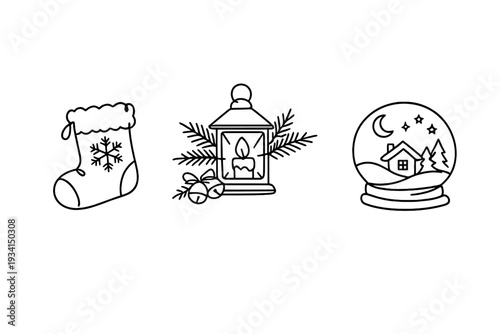 A set of three minimalist white line art icons on a black background featuring a Christmas stocking with a snowflake, a festive lantern with pine branches, and a winter snow globe.
